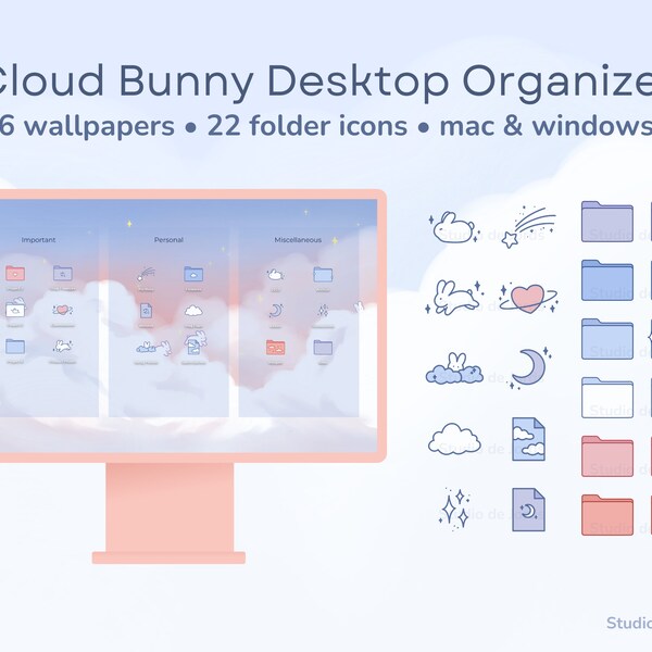 Cloud Bunny Theme Desktop Wallpaper Organizer, Folder Icons, Mac & Windows Compatible