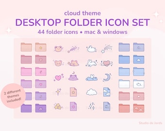 May include: A set of 44 cloud-themed folder icons for Mac and Windows. The icons feature cute illustrations of bears, rabbits, stars, hearts, clouds, and moons in pastel colours. The text "cloud theme" and "DESKTOP FOLDER ICON SET" is displayed at the top of the image.