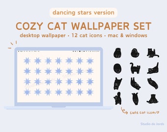 Cozy Cat Theme Wallpaper Set Dancing Stars Version, Desktop Wallpaper, Desktop Folder Icons, Mac & Windows Compatible