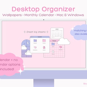 Pink Aesthetic Theme Desktop Wallpaper Organizer, 2024 Monthly Calendar, Mac & Windows Compatible