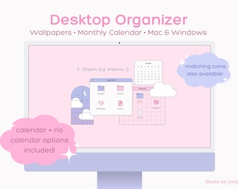 Pink Aesthetic Theme Desktop Wallpaper Organizer, 2026 Monthly Calendar, Mac & Windows Compatible