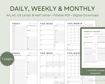 Conjunto de agendas imprimibles con diseño estético: agendas diarias, semanales y mensuales. Tamaños: A4, A5, Carta estadounidense, Media Carta. Sin fecha. Descarga instantánea.