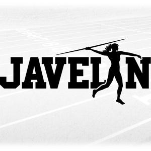 Sports Clipart: Black Track & Field Word "Javelin" with Cutout of Female Athlete Throwing - Digital Download svg png dxf pdf