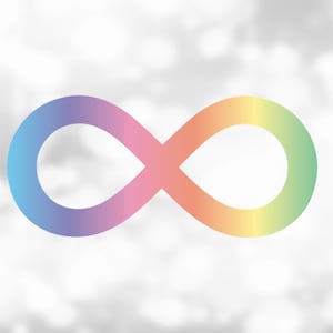 May include: A rainbow infinity symbol on a white background with a blurred out pattern.
