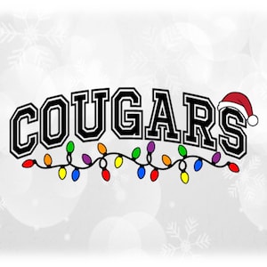 Holiday Clipart: Black Arched Team Mascot Name "Cougars" with Santa Hat and String of Christmas Lights - Digital Download svg png dxf pdf