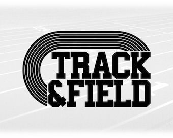 May include: Black and white graphic design of a track and field logo with the text "TRACK & FIELD" on a gray background.