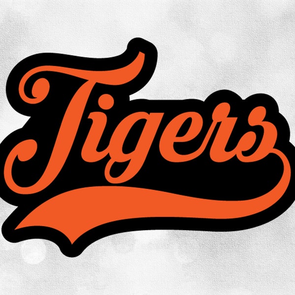 Sports Clipart: Orange on Black "Tigers" Team Name in Fancy Letters with Baseball Style Swoosh Underline - Digital Download svg png dxf pdf