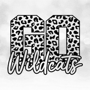 Sports Clipart: Black Leopard Skin / Cheetah Pattern "GO" with Script Team Mascot Name "Wildcats" Cutout - Digital Download svg png dxf pdf