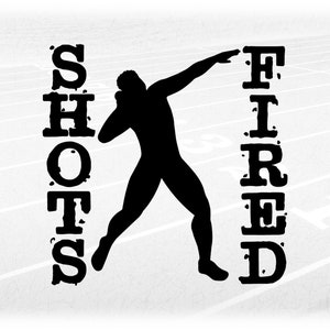 Sports Clipart: Black Silhouette Male / Man / Boy Track & Field Shot Put Thrower with Words "Shots Fired" - Digital Download svg png dxf pdf