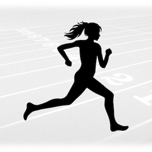 Sports Clipart: Simple Black Track & FIeld Cross Country Female Runner with Ponytail in Running Stance - Digital Download svg png dxf pdf