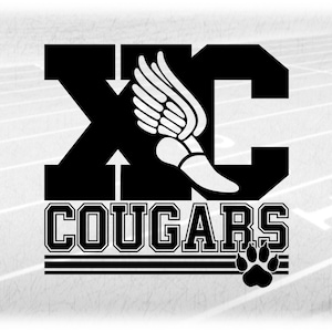 Sports Clipart: Black Cross Country "XC" with Wing Shoe and "Cougars" Team Name in Varsity Style with Paw - Digital Download svg png dxf pdf