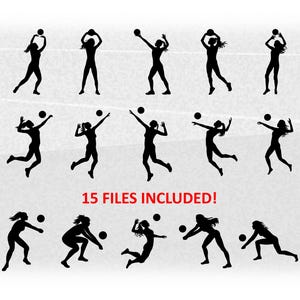 Sports Clipart: Value Pack Bundle 15 Black Female Volleyball Player Silhouettes in Pass, Set, Hit, Serve - Digital Download svg png dxf pdf