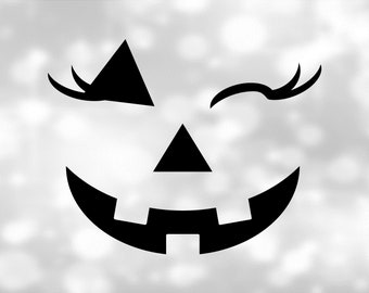 Holiday Clip-Art: Halloween Style Smiling Carved Girl/Female Pumpkin Face / Jack-o-Lantern w/ Eyelashes Winking - Digital Download SVG & PNG
