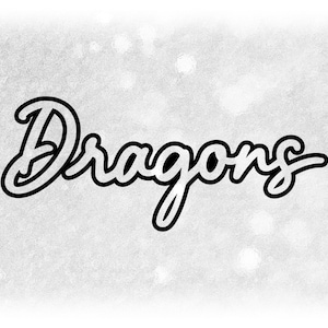 May include: The word "Dragons" in a cursive font, outlined in black, against a textured, light grey background with subtle bokeh effects. The lettering has a playful, fantasy theme.