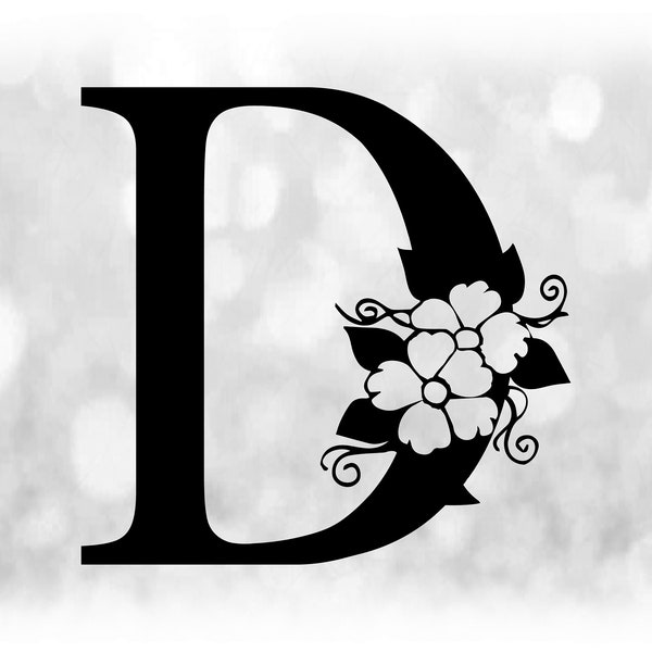 Word Clipart: Black Formal Capital Letter "D" with Floral / Flower Accents - Change Color w/ Your Own Software - Digital Download SVG & PNG