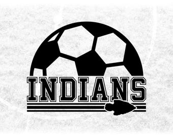 Sports Clipart: Black Half Soccer Ball with "Indians" Team Mascot Name in Varsity Style with Arrowhead - Digital Download svg png dxf pdf