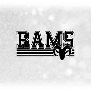 May include: Black and white graphic design with the word "RAMS" in bold letters with a stylized ram's head below the text.