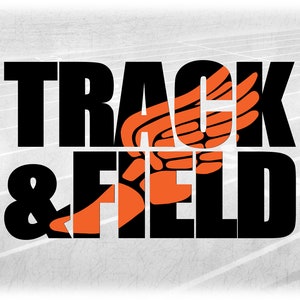 Sports Clipart: Large Black Bold Words "Track and Field" with Orange Mercury / Hermes Winged Track Shoe Overlay - Digital Download SVG & PNG