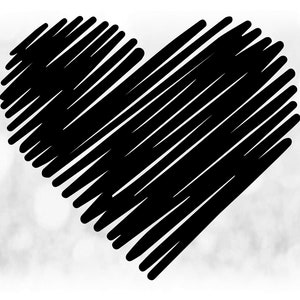 May include: A black heart shape with diagonal lines, set against a blurred, light gray and white background. The heart is filled with thick, black, parallel lines, creating a textured effect. The design is simple yet striking.