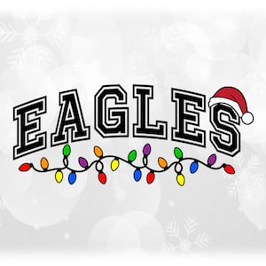 Holiday Clipart: Black Arched Team Mascot Name "Eagles" with Santa Hat and String of Christmas Lights - Digital Download svg png dxf pdf