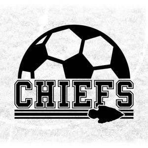 Sports Clipart: Black Half Soccer Ball with "Chiefs" Team Mascot Name in Varsity Style with Arrowhead - Digital Download svg png dxf pdf