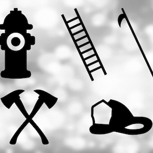 Shape Clipart: Pacote de pacote econômico - hidrante preto, gancho, escada, eixos cruzados e silhuetas de capacete de segurança - download digital SVG e PNG