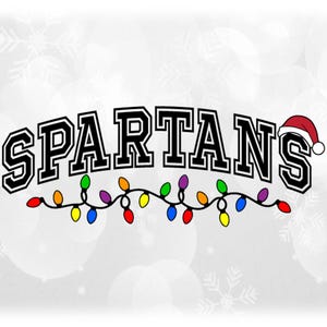 Holiday Clipart: Black Arched Team Mascot Name "Spartans" with Santa Hat and String of Christmas Lights - Digital Download svg png dxf pdf