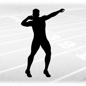 May include: Silhouette of a person in a throwing position on an athletics track.