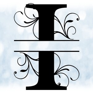 Wort Clipart: Split Name Frame Schwarz Formal Style Großbuchstaben Initiale / Monogramm "I" mit floralen Locken / Wirbel - Digitaler Download SVG & PNG