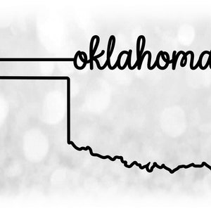 Geography Clipart: Black Silhouette Outline of the State of Oklahoma with Border Labeled in Script Writing. Digital Download svg png dxf pdf