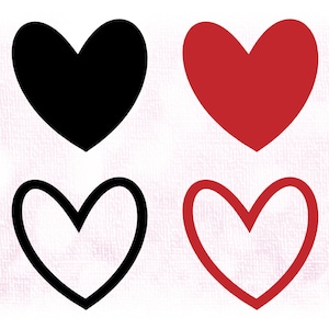 Paquete de imágenes prediseñadas de vacaciones: 4 grandes divertidos corazones de doodle negro / rojo en sólidos y Onalles para el amor o San Valentín - Descarga digital SVG & PNG