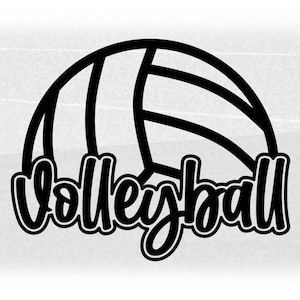 Op de afbeelding: Zwart-witte illustratie van een volleybal met het woord "Volleyball" eronder in een gestileerd lettertype.