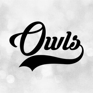 Sports Clipart: Bold Black "Owls" Team Name in Fancy Type Lettering with Baseball Style Swoosh Underline - Digital Download svg png dxf pdf