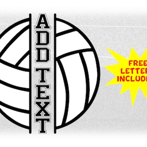 Peut inclure: Silhouette noire et blanche d'un ballon de volley-ball avec le mot "ADD TEXT" écrit verticalement sur le côté. Un éclat jaune en forme d'étoile avec le texte "FREE LETTERS INCLUDED!" est en arrière-plan.