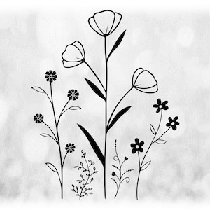 Imágenes prediseñadas de flores/naturaleza: Contornos de silueta negra simple y delgada de cinco flores silvestres en flor en un parche - Descargas digitales en svg png dxf pdf