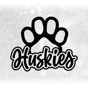 Sports Clipart: Black Script "Huskies" Team Mascot Name with Silhouette of Dog Paw Print - Digital Download svg png dxf pdf