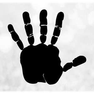 May include: A black handprint on a white background.
