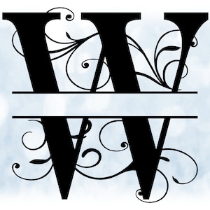Word Clipart: Split Name Frame Schwarz Formal Style Großbuchstaben Initiale / Monogramm "W" mit floralen Locken/ Wirbeln - Digitaler Download SVG & PNG