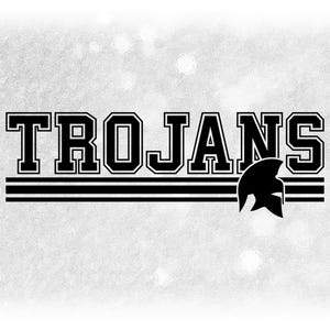 Sports Clipart: Black Bold Varsity "Trojans" Team Mascot Name above Stripes with Helmet Silhouette - Digital Download svg png dxf pdf