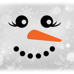 Vakantie Clipart: Winter of Kerstmis vrouwelijke lachende sneeuwpop gezicht met oranje wortel neus, zwarte kolen mond / ogen - Digitale download SVG/PNG