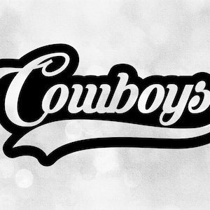 Clipart de esportes: palavra preta "Cowboys" nome da equipe recortada em letras do tipo beisebol com sublinhado Swoosh - download digital SVG e PNG