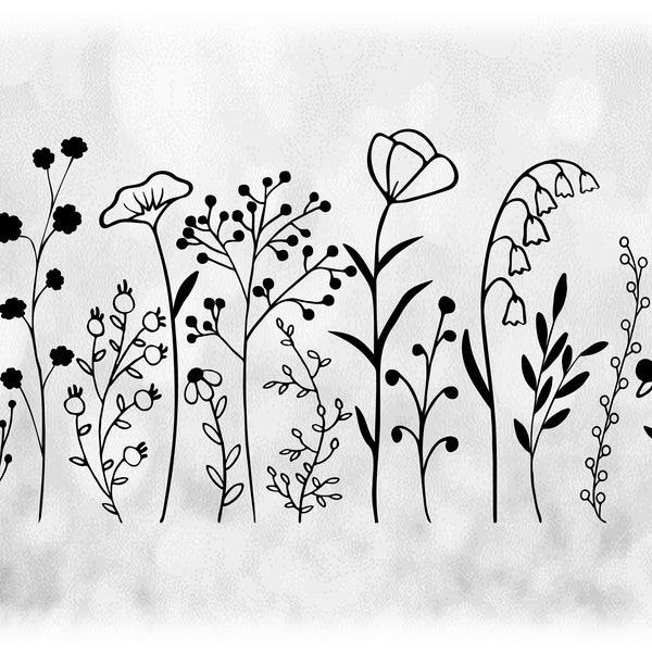 Fleur/Nature Clipart : Silhouette noire simple et mince contours de 14 fleurs sauvages sur une seule feuille - téléchargements numériques en svg png dxf pdf