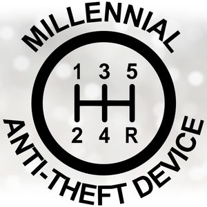 Auto / Automotive Clipart: Zwarte Ronde 5-Speed Manual / Stick Gear Shift w / Woorden "Millennial Anti-Theft Device" - Digitale Download SVG & PNG