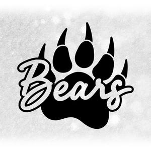 Sports Clipart: Black Script "Bears" Team Mascot Name Cutout of Silhouette of Bear Shape Paw Print - Digital Download svg png dxf pdf
