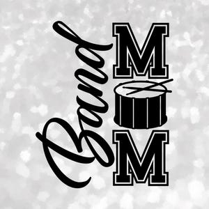 Entertainment Clipart: Black Words "Band Mom" in Script and College Style with Drum / Sticks as Letter "O", Digital Download svg png dxf pdf