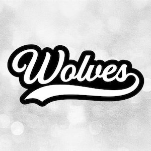 Sports Clipart: White "Wolves" Team Name in Fancy Letters and Baseball Style Swoosh Underline over Black - Digital Download svg png dxf pdf