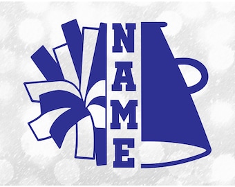 Sports Clipart: Blue Cheerleader Pom and Megaphone Silhouette Split Name Frame to Personalize for Cheer - Digital Download svg png dxf pdf