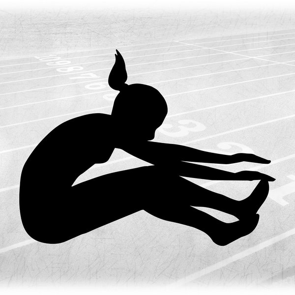 Sports Clipart: Black Track and Field Long Jump Event Silhouette w/ Female Jumper Jumping as If above Landing Pit - Digital Download SVG/PNG