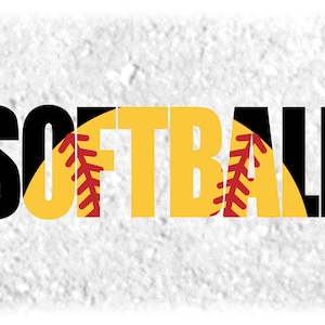 Może przedstawiać: Słowo "SOFTBALL" jest napisane czarnym kolorem z żółto-czerwoną grafiką piłki nożnej w środku liter.
