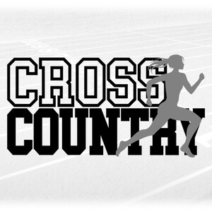 Sports Clipart: Black Varsity Words "Cross Country" with Gray Silhouette of Female / Girl Runner Overlay - Digital Download svg png dxf pdf